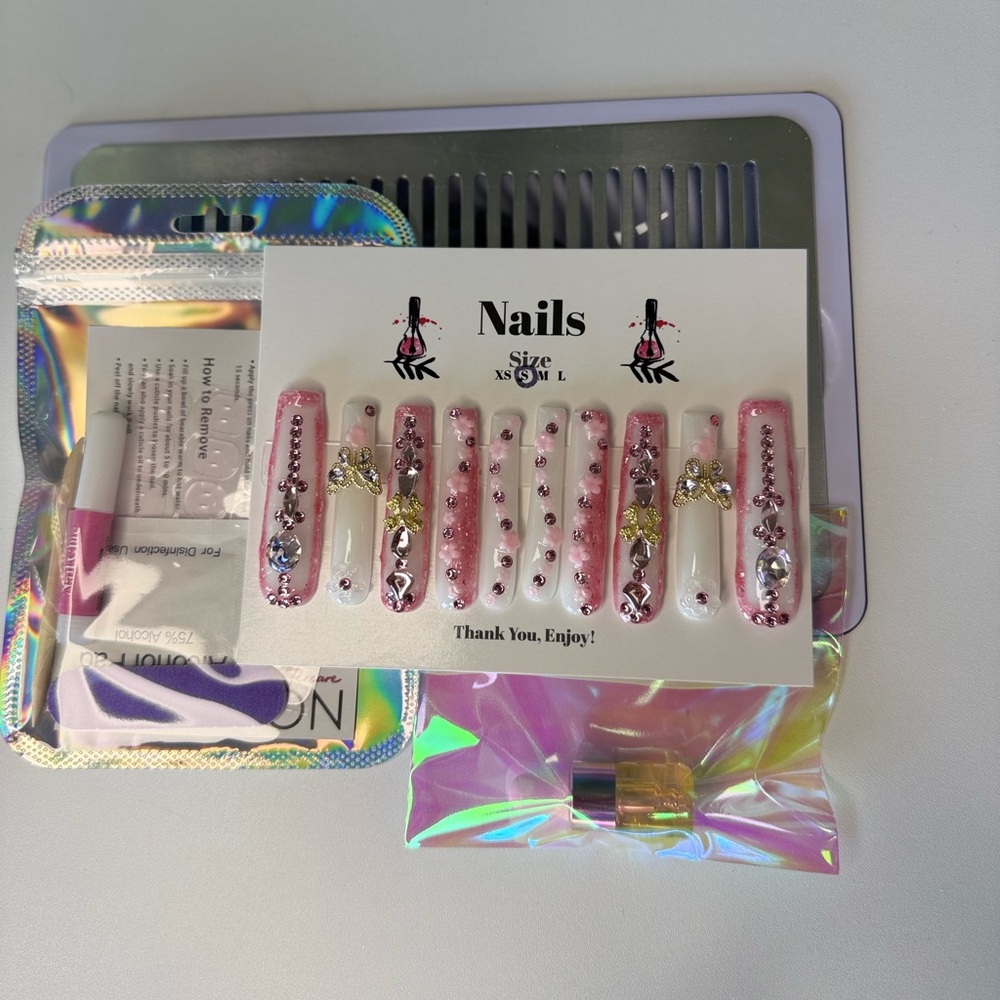 Pink White Flower Nails | Custom Press On Nails | High Quality Nails | Homemade